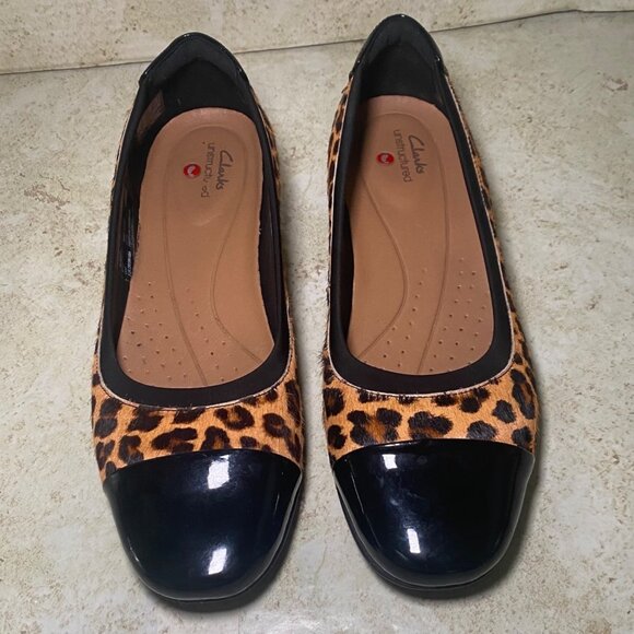Clarks Shoes - Clarks Leopard Print Ballet Flats With Black Patent Toe Cap Womens Size 8